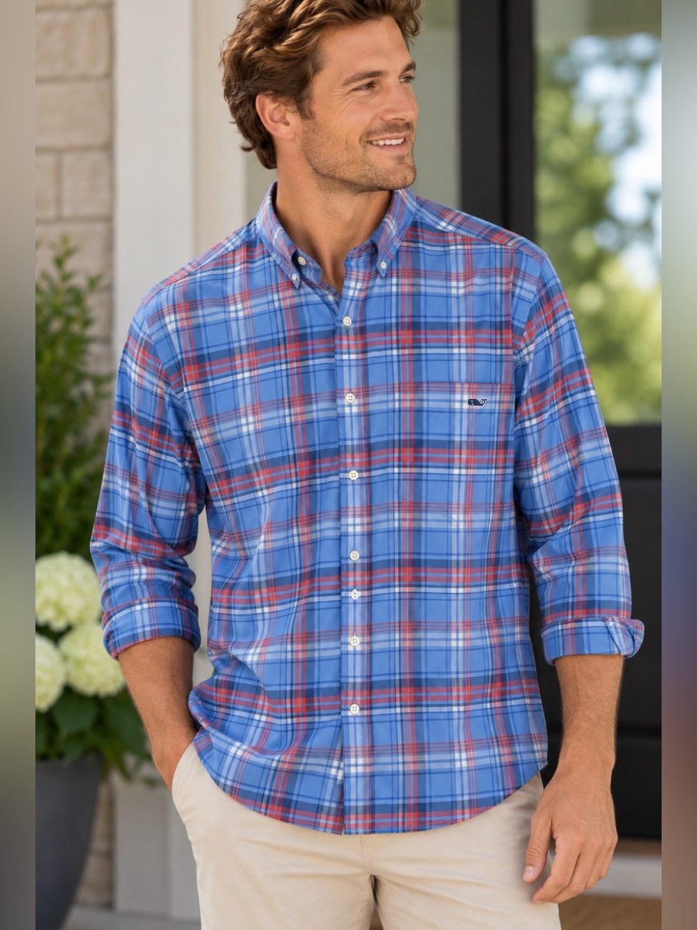 Vineyard Vines Men’s XXXL On The Go Performance Blue Red Plaid Shirt